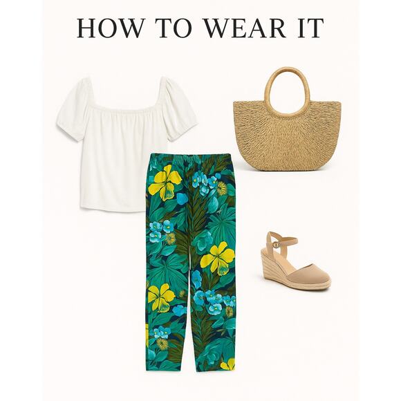 Talbots Tropical Floral Pull-On Pants Small Blue Green Relaxed Travel Resort - Picture 5 of 7